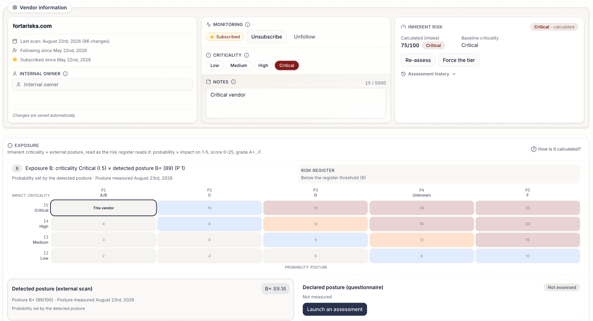 Fiche fournisseur : exposition, posture détectée par scan externe et posture déclarée par questionnaire